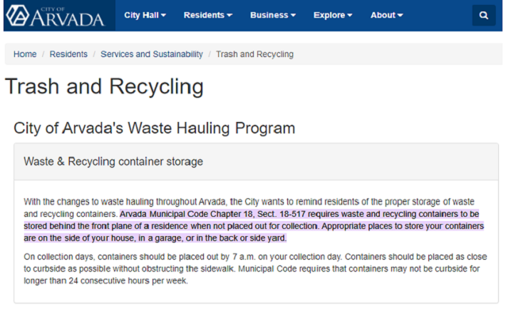 City of Arvada Waste Hauling Program : Trash and Recycling - Waste & Recycling container storage